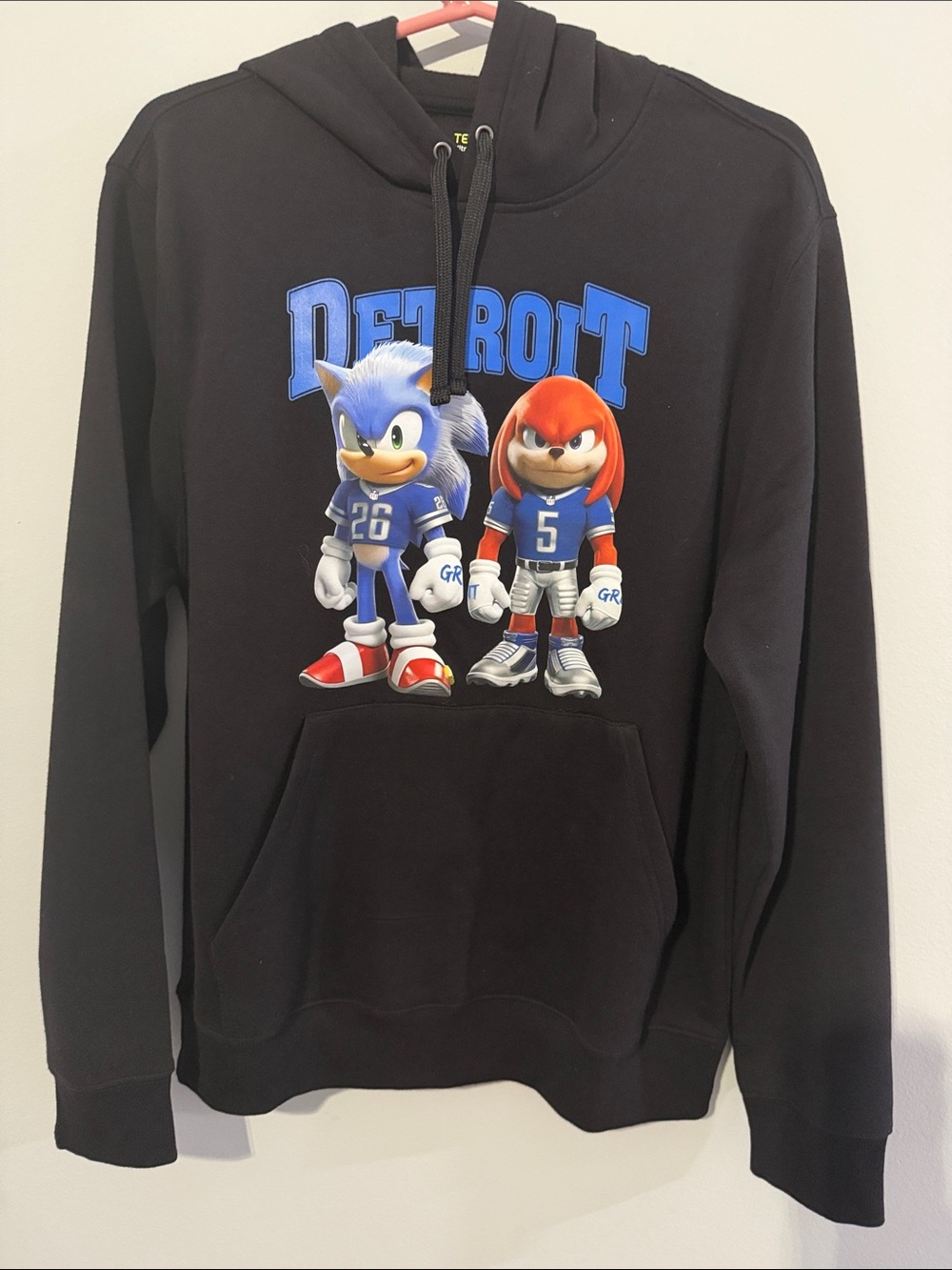 Black Crewneck Hoodie with Blue & Red Sonic & Knuckles Detroit Lions Graphic
